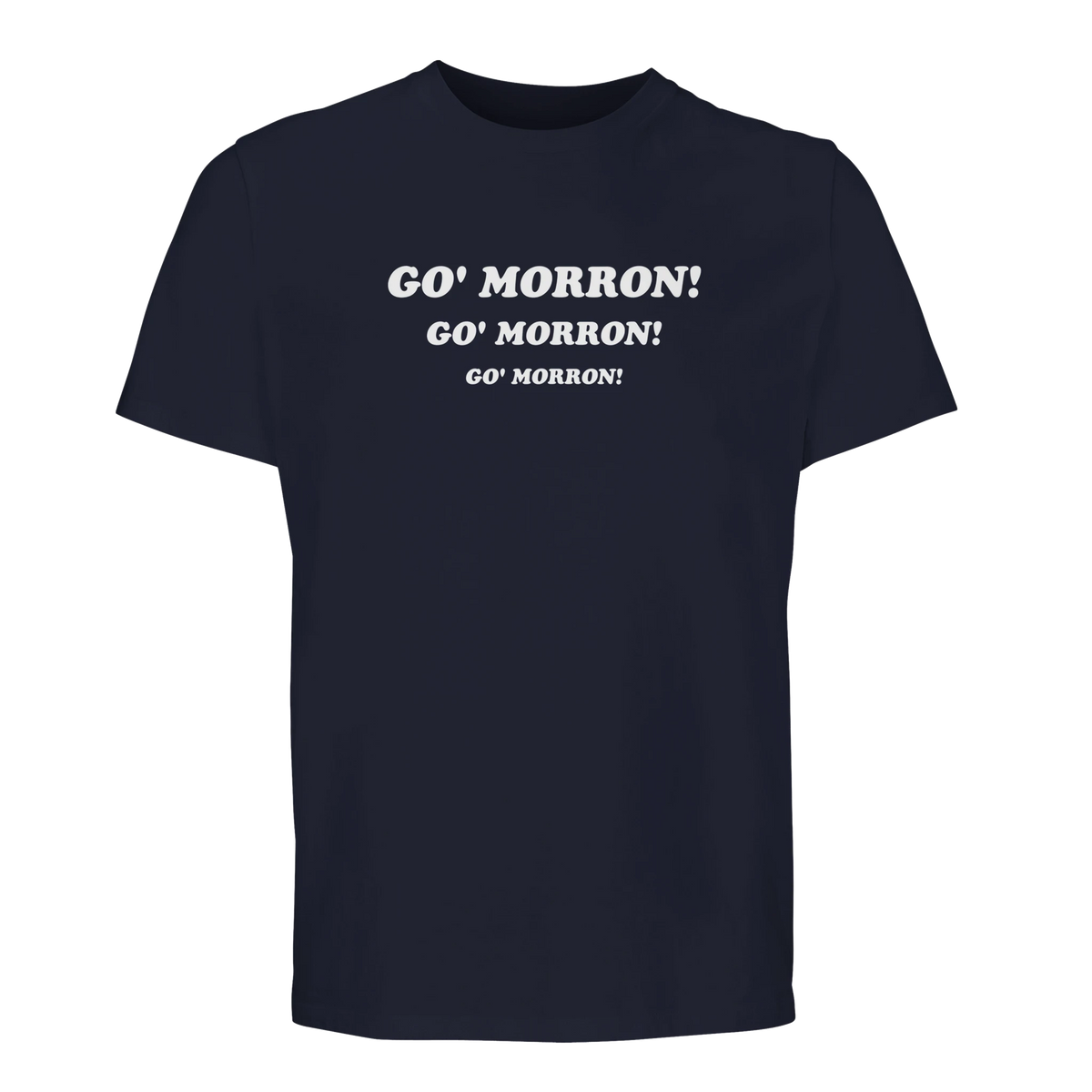Marinblå t-shirt med tre rader "Go'morron!" över hela bröstet