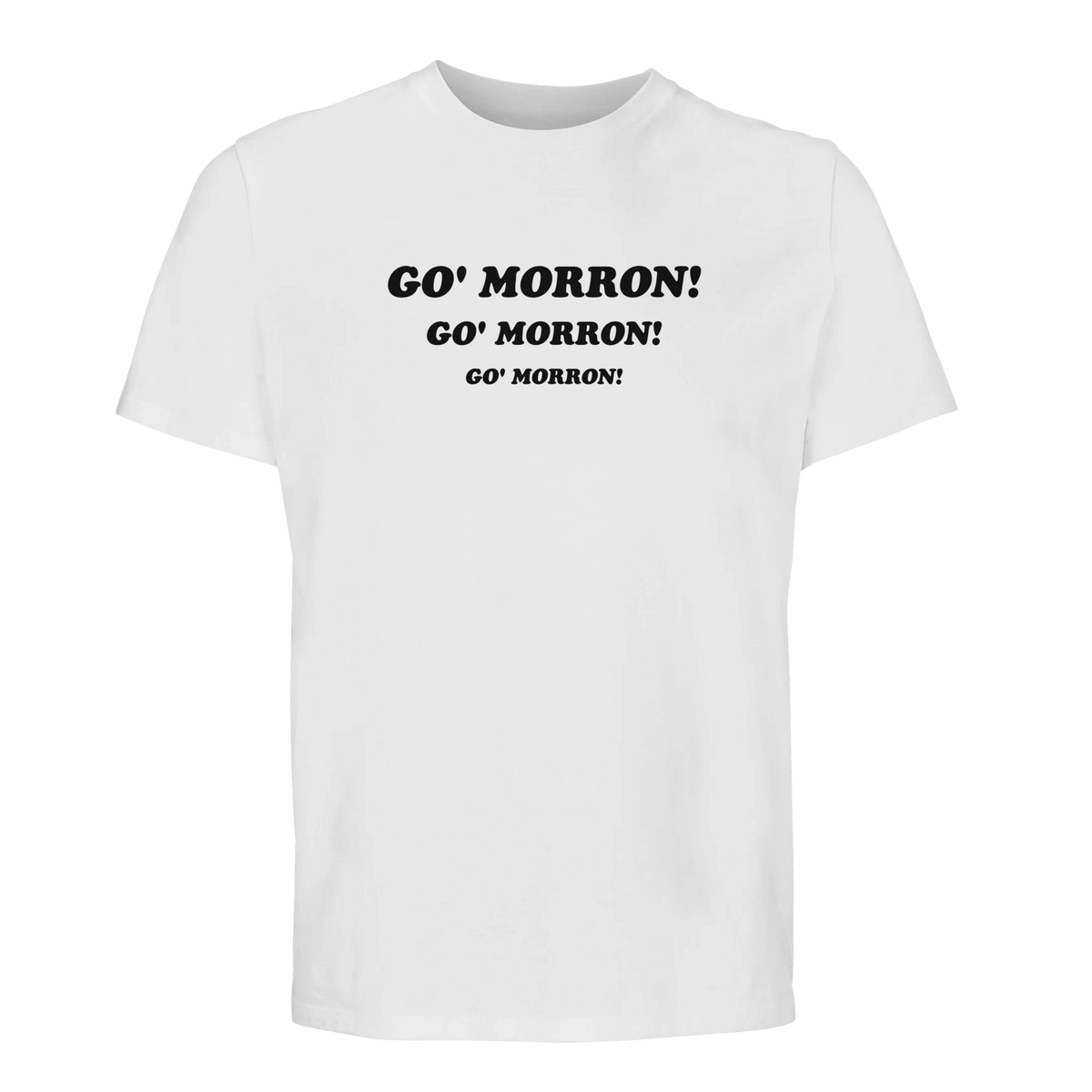 Vit t-shirt med "Go'morron!" tryckt tre gånger över bröstet, Weiron-citat