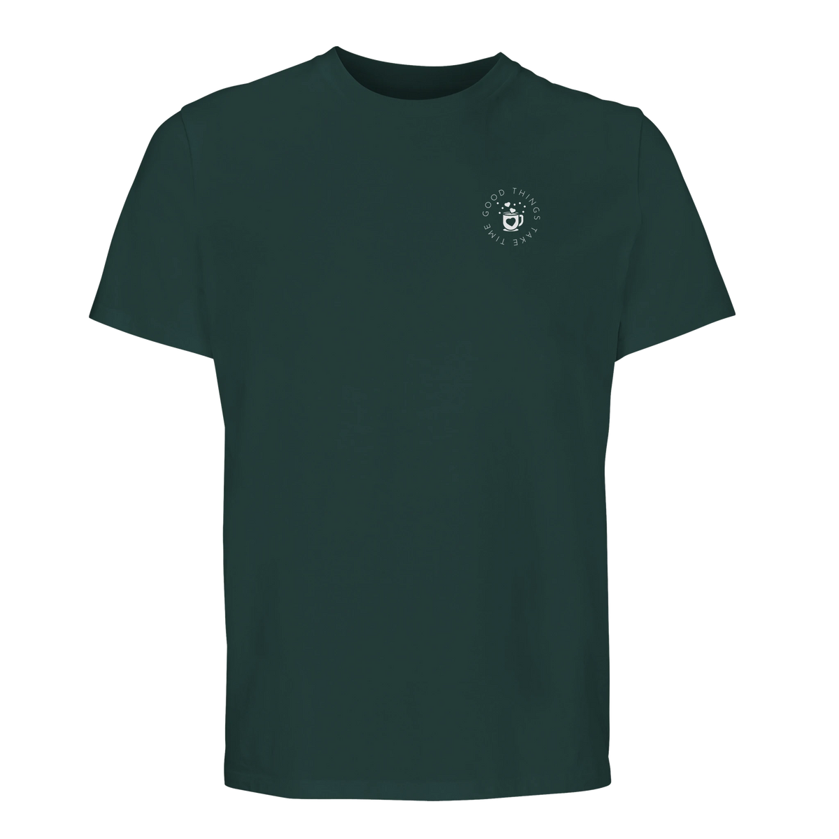 Mörkgrön t-shirt med "Good Things Take Time" runt kaffekopp på vänster bröst