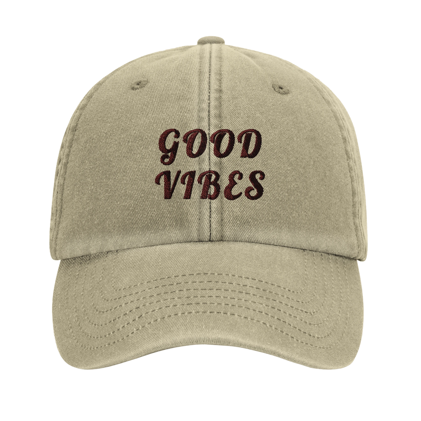 Beige vintagekeps med 'GOOD VIBES' brodyr. Klassisk lågprofilkeps i bomull med en skön, ingången känsla.