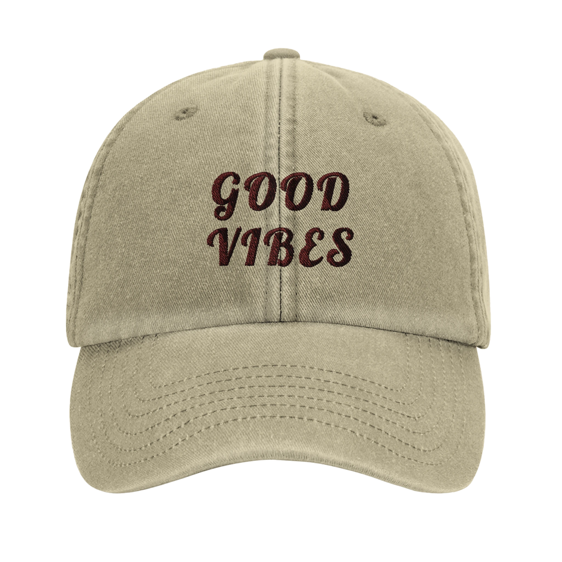 Beige vintagekeps med 'GOOD VIBES' brodyr. Klassisk lågprofilkeps i bomull med en skön, ingången känsla.