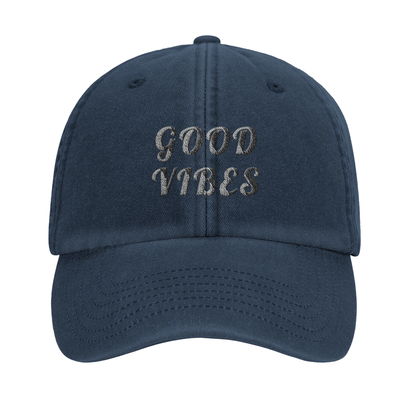 Marinblå pappakeps i vintagemodell med broderad text 'GOOD VIBES'. En trendig dad hat med tvättad finish för en avslappnad stil.