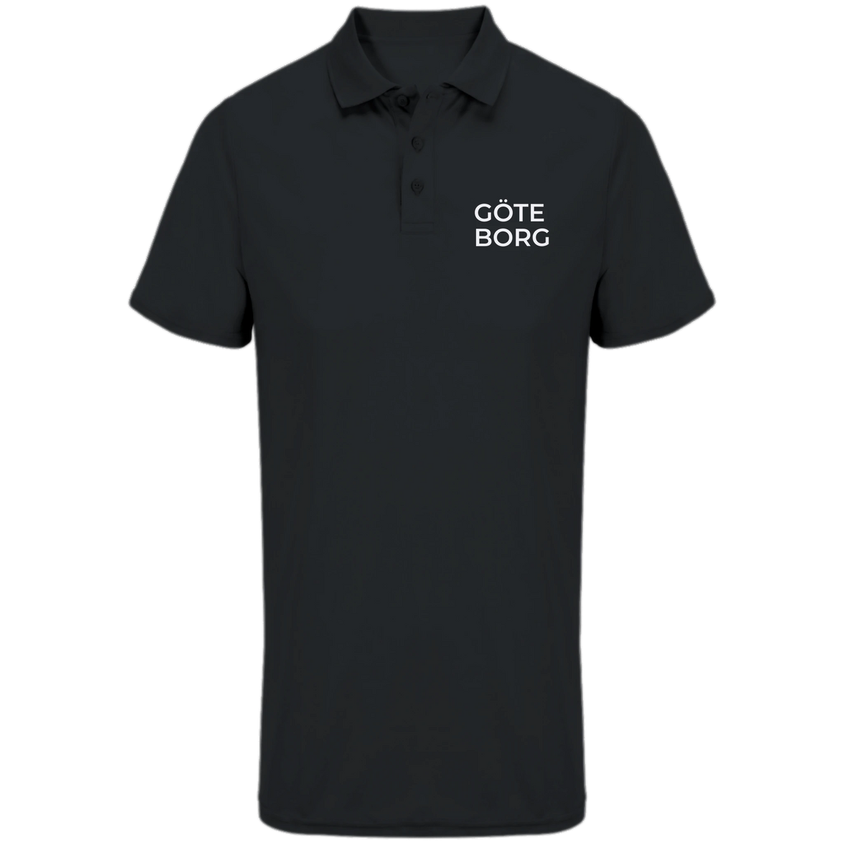 Svart pikétröja med trycket “GÖTE BORG” på bröstet, Dry Fit unisex