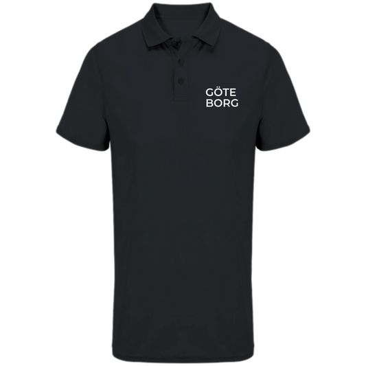 Svart pikétröja med trycket “GÖTE BORG” på bröstet, Dry Fit unisex