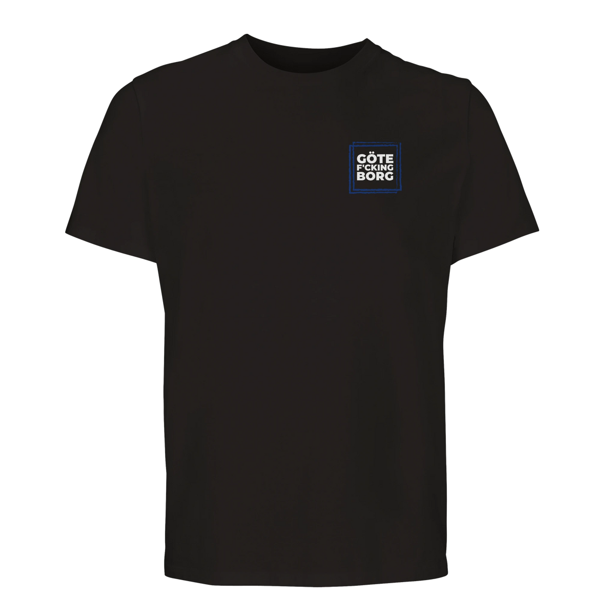 Svart t-shirt med "GÖTE F'CKING BORG" tryckt på tre rader, vänster bröst