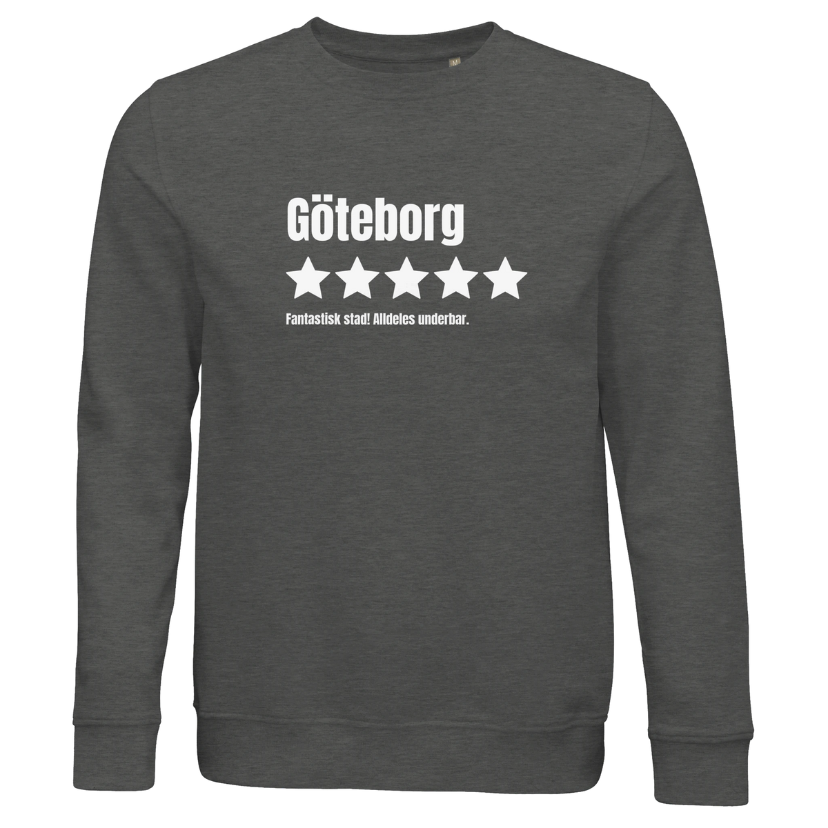 Grå ekologisk sweatshirt med trycket "Göteborg – 5 stjärnor av 5, Fantastisk"