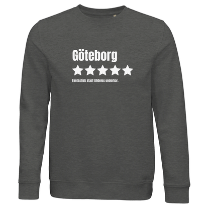 Grå ekologisk sweatshirt med trycket "Göteborg – 5 stjärnor av 5, Fantastisk"