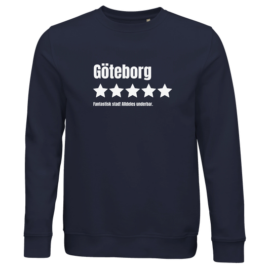 Marinblå ekologisk sweatshirt med trycket "Göteborg – 5 stjärnor av 5, Fantastisk"