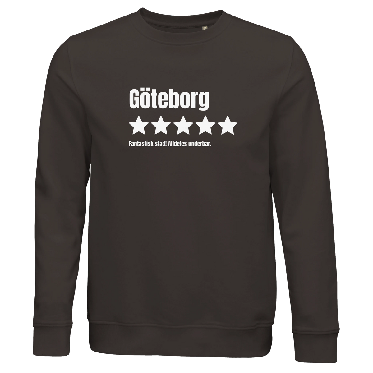 Mörkgrå ekologisk sweatshirt med trycket "Göteborg – 5 stjärnor av 5, Fantastisk"