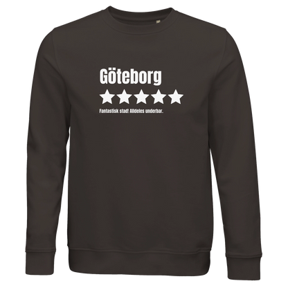 Mörkgrå ekologisk sweatshirt med trycket "Göteborg – 5 stjärnor av 5, Fantastisk"