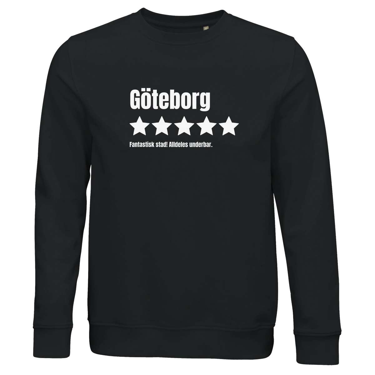Svart ekologisk sweatshirt med trycket "Göteborg – 5 stjärnor av 5, Fantastisk"