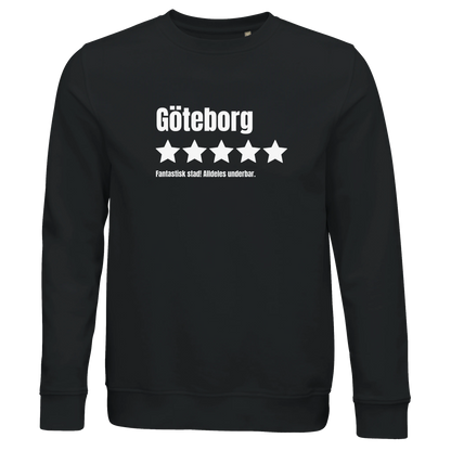 Svart ekologisk sweatshirt med trycket "Göteborg – 5 stjärnor av 5, Fantastisk"