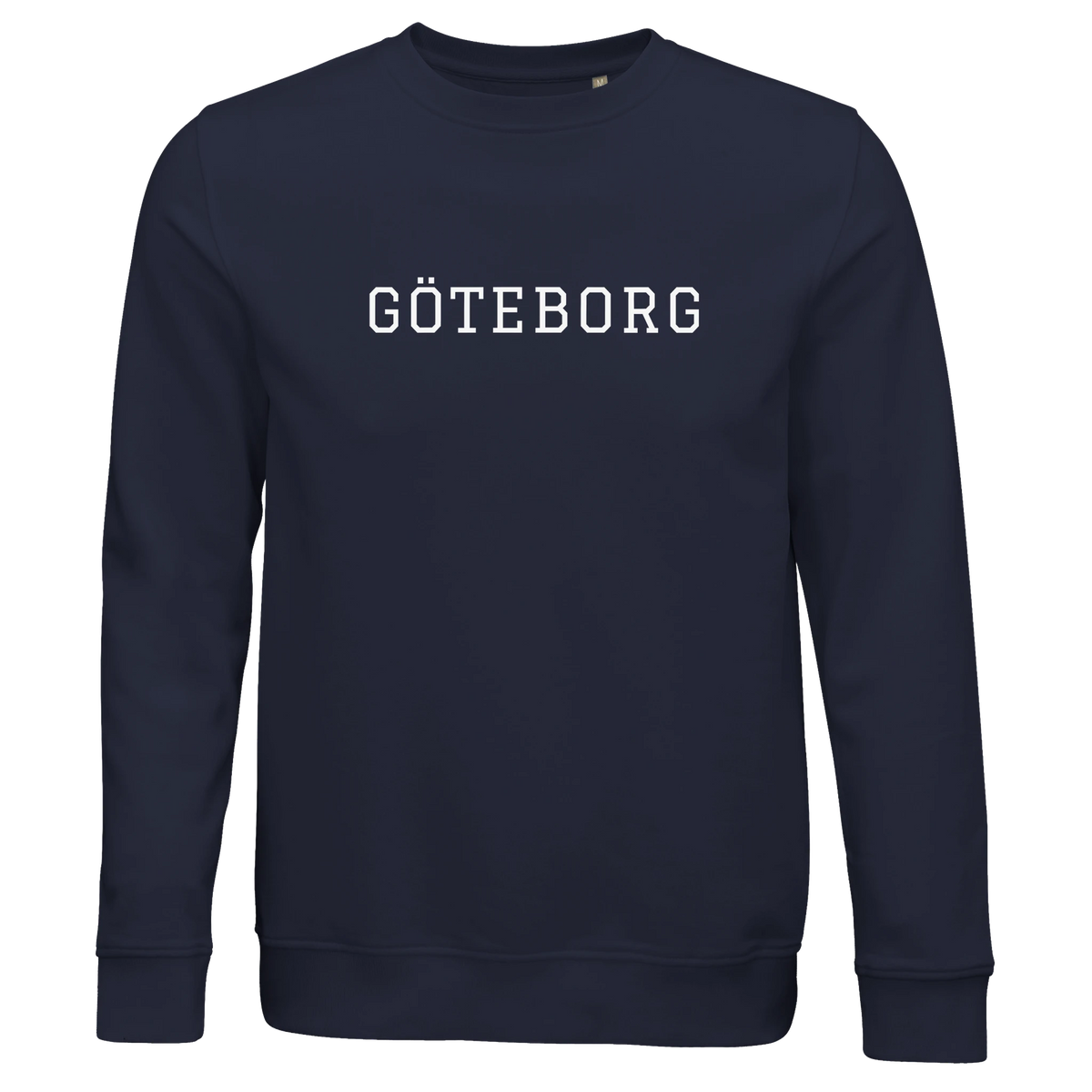 Marinblå college-sweatshirt i ekologisk bomull med 'GÖTEBORG' tryckt på bröstet. En klassisk och hållbar tröja med lokal Göteborgs-design.