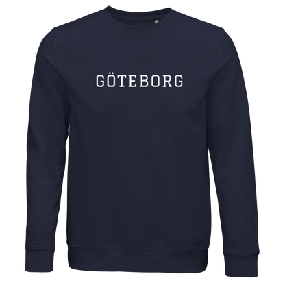 Marinblå college-sweatshirt i ekologisk bomull med 'GÖTEBORG' tryckt på bröstet. En klassisk och hållbar tröja med lokal Göteborgs-design.
