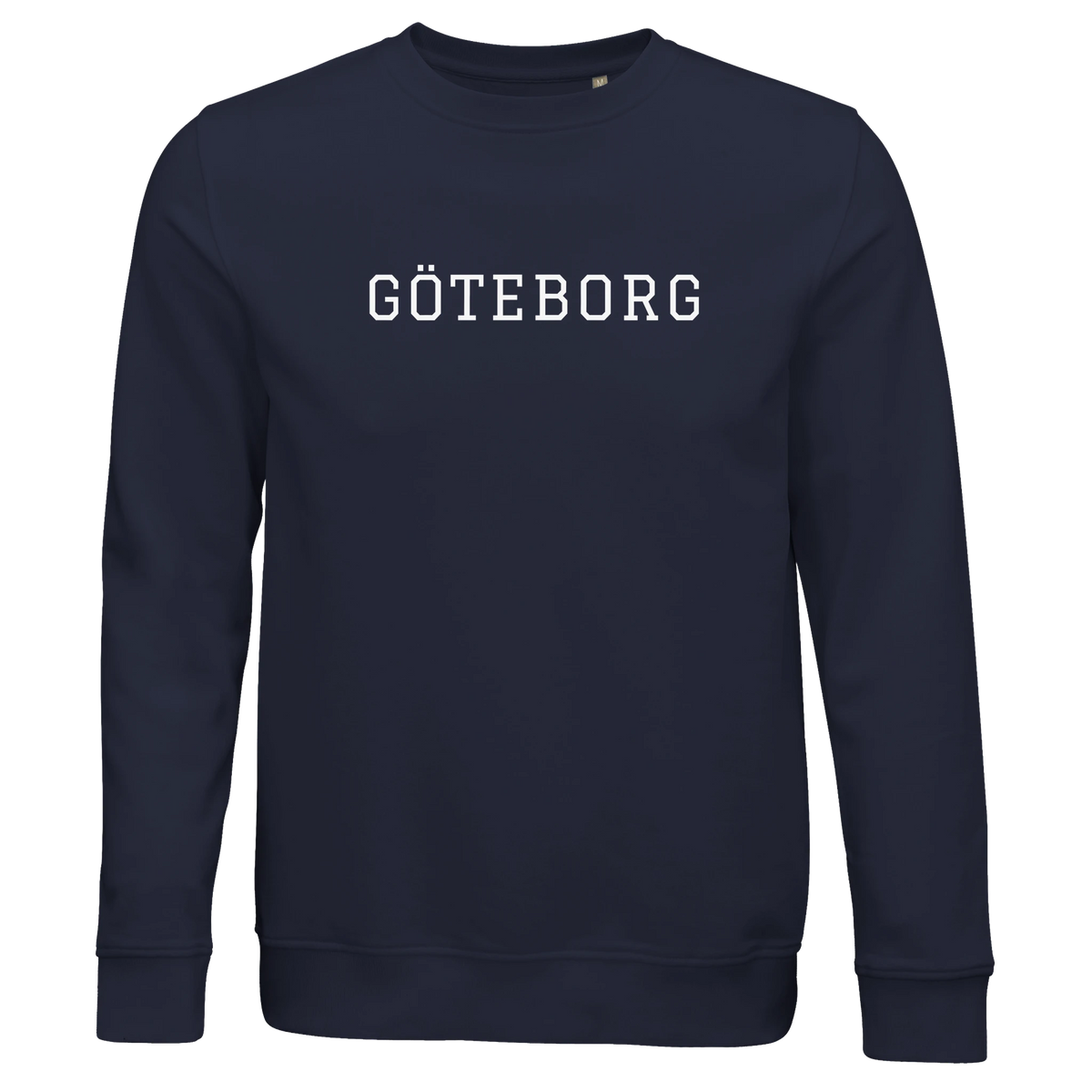 Marinblå college-sweatshirt i ekologisk bomull med 'GÖTEBORG' tryckt på bröstet. En klassisk och hållbar tröja med lokal Göteborgs-design.

