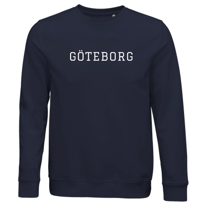 Marinblå college-sweatshirt i ekologisk bomull med 'GÖTEBORG' tryckt på bröstet. En klassisk och hållbar tröja med lokal Göteborgs-design.

