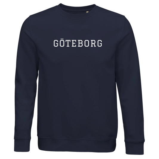 Marinblå college-sweatshirt i ekologisk bomull med 'GÖTEBORG' tryckt på bröstet. En klassisk och hållbar tröja med lokal Göteborgs-design.
