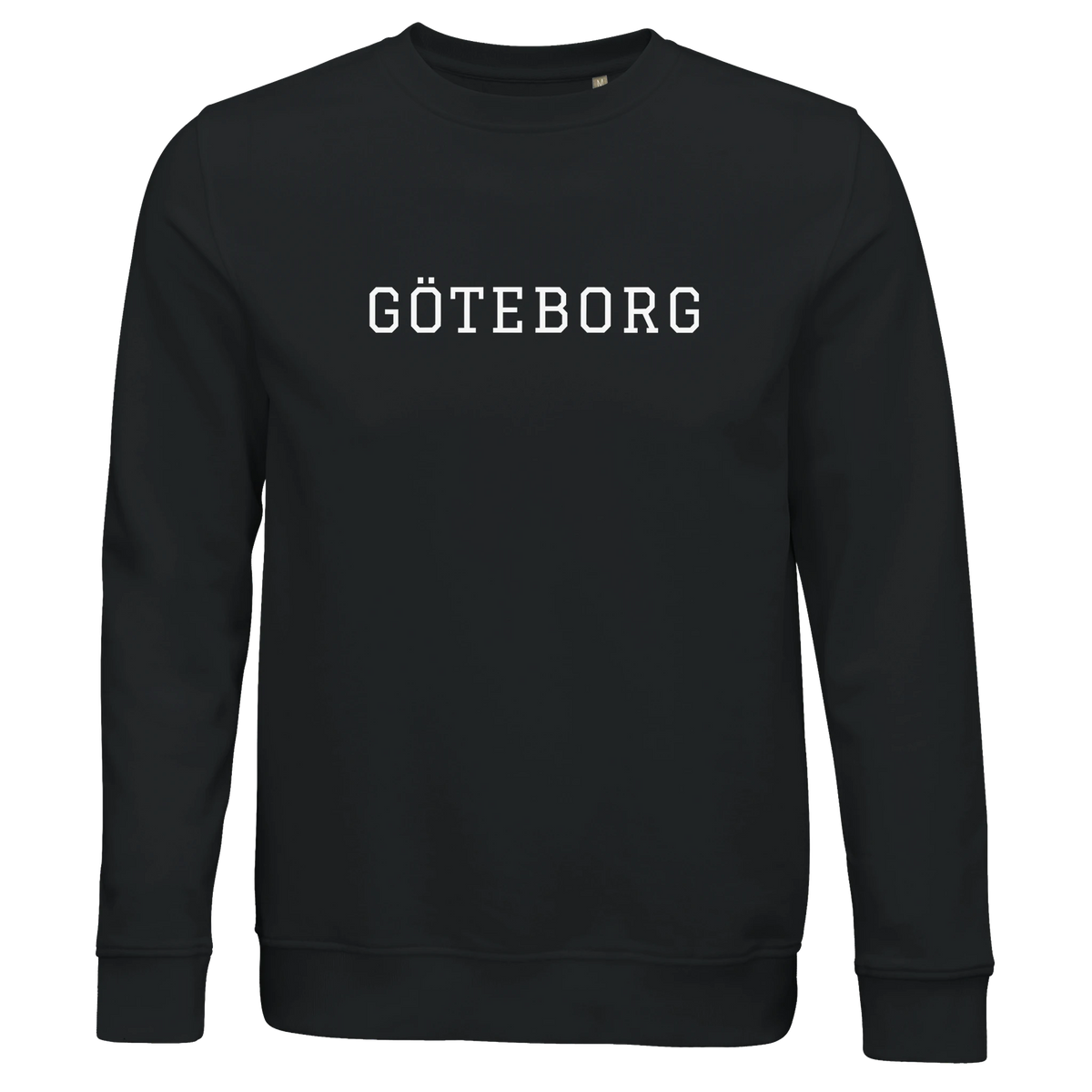 Svart sweatshirt med vitt tryck av staden Göteborg. En stilren och minimalistisk collegetröja i premiumkvalitet.