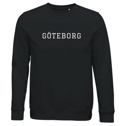 Svart sweatshirt med vitt tryck av staden Göteborg. En stilren och minimalistisk collegetröja i premiumkvalitet.