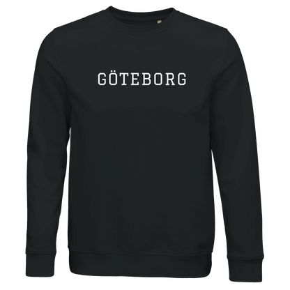 Svart sweatshirt med vitt tryck av staden Göteborg. En stilren och minimalistisk collegetröja i premiumkvalitet.