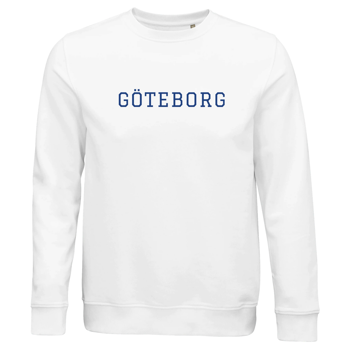 Vit sweatshirt med blått 'GÖTEBORG' tryck. Tillverkad i mjuk ekologisk bomullsblandning för högsta komfort och hållbarhet.
