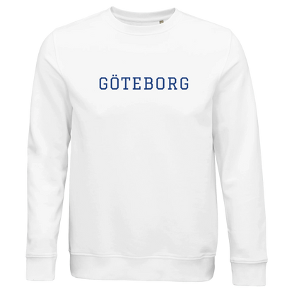 Vit sweatshirt med blått 'GÖTEBORG' tryck. Tillverkad i mjuk ekologisk bomullsblandning för högsta komfort och hållbarhet.