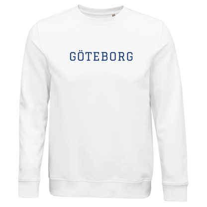 Vit sweatshirt med blått 'GÖTEBORG' tryck. Tillverkad i mjuk ekologisk bomullsblandning för högsta komfort och hållbarhet.