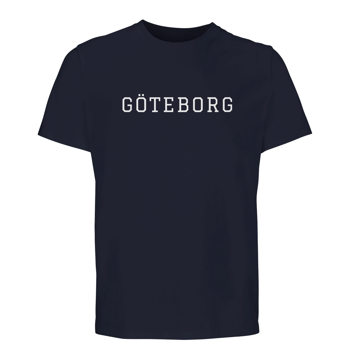 Marinblå t-shirt i ekologisk bomull med 'GÖTEBORG' i klassisk college-stil. En tidlös och hållbar premium t-shirt med lokal anknytning.
