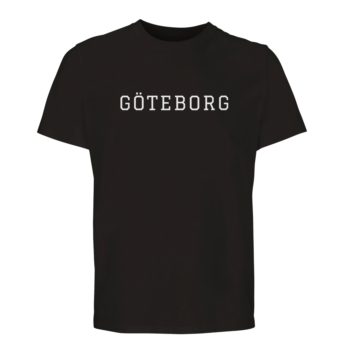 Svart t-shirt med vitt 'GÖTEBORG' college-tryck. En stilren och minimalistisk baströja för stolta göteborgare.