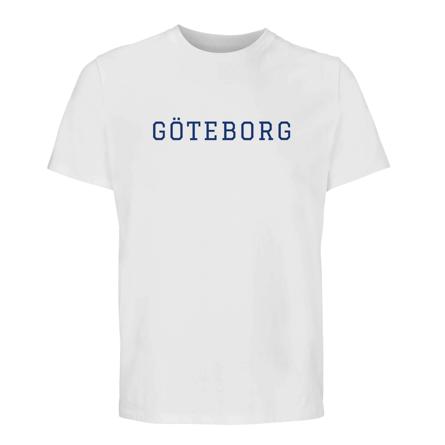 Vit t-shirt med blått Göteborg-tryck i college-snitt. Tillverkad av 100% ekologisk bomull för högsta komfort.