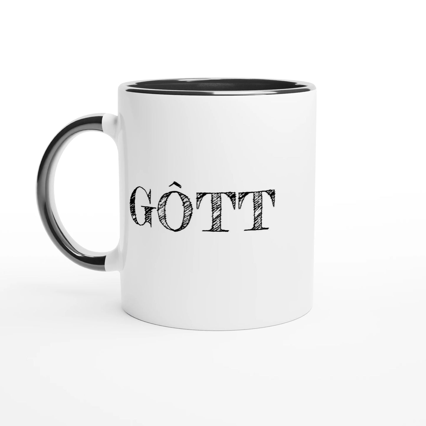 Vit keramisk kaffemugg med svart insida och handtag. Texten GÔTT tryckt i svart vintage-stil. Minimalistisk Göteborgsdesign från GBGMotiv.