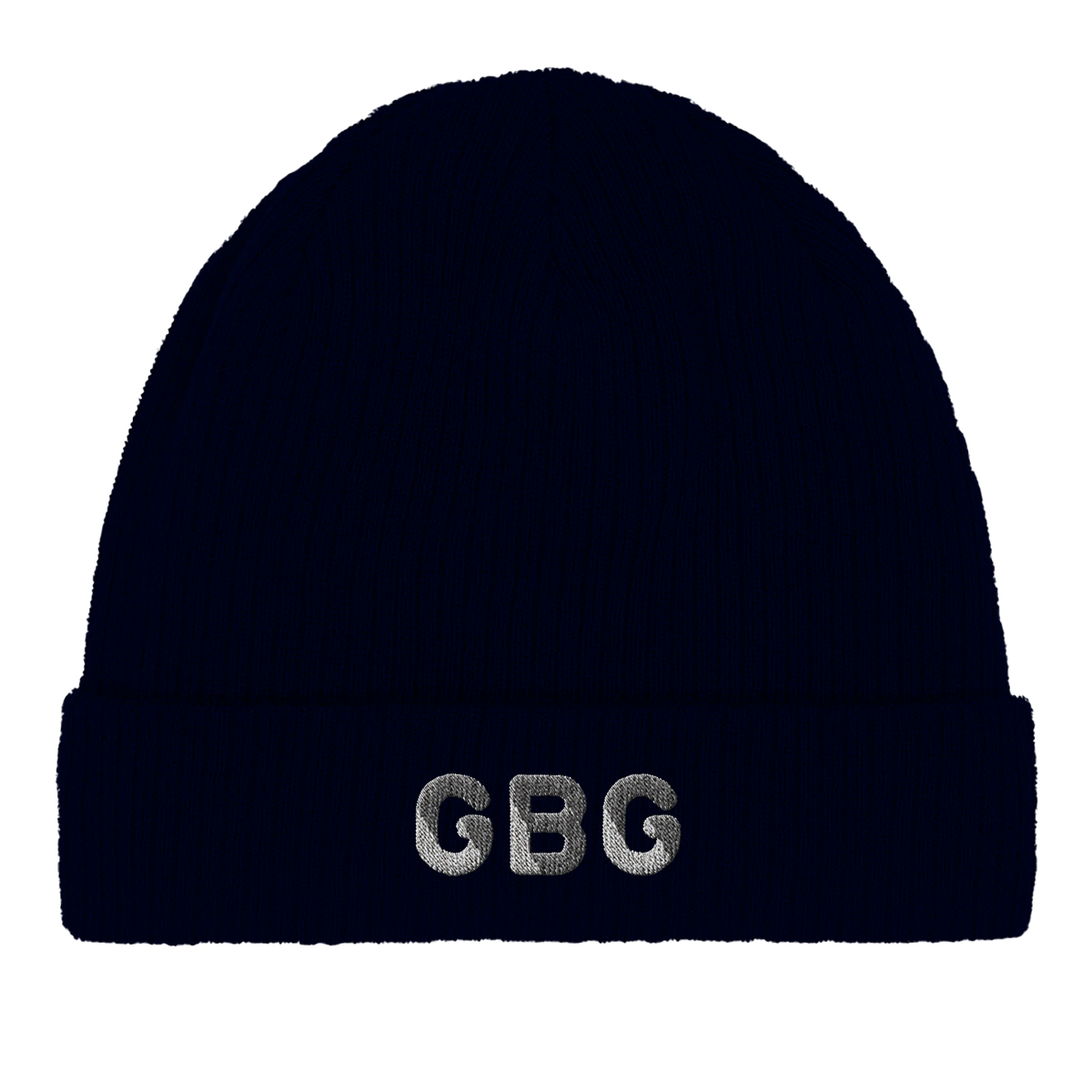 Marinblå mössa med GBG på muddet, beanie i ekologisk bomull från GBGMotiv