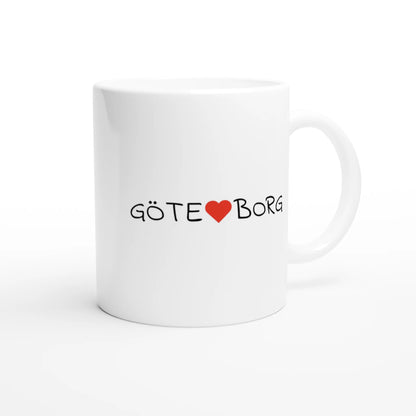 Vit kaffekopp med ordet Göteborg uppdelat av ett rött hjärta.