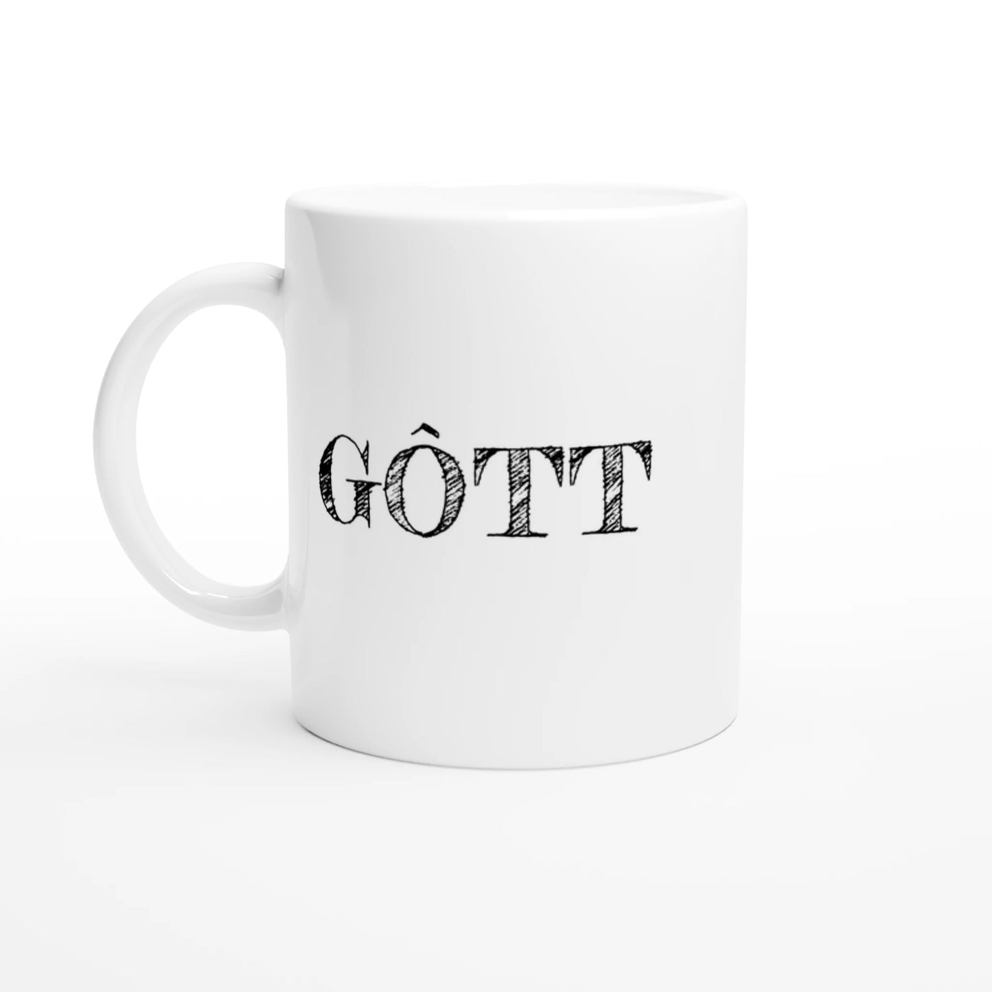 Helvit fika-mugg med det göteborgska ordet GÔTT tryckt i svart vintage-stil på utsidan.