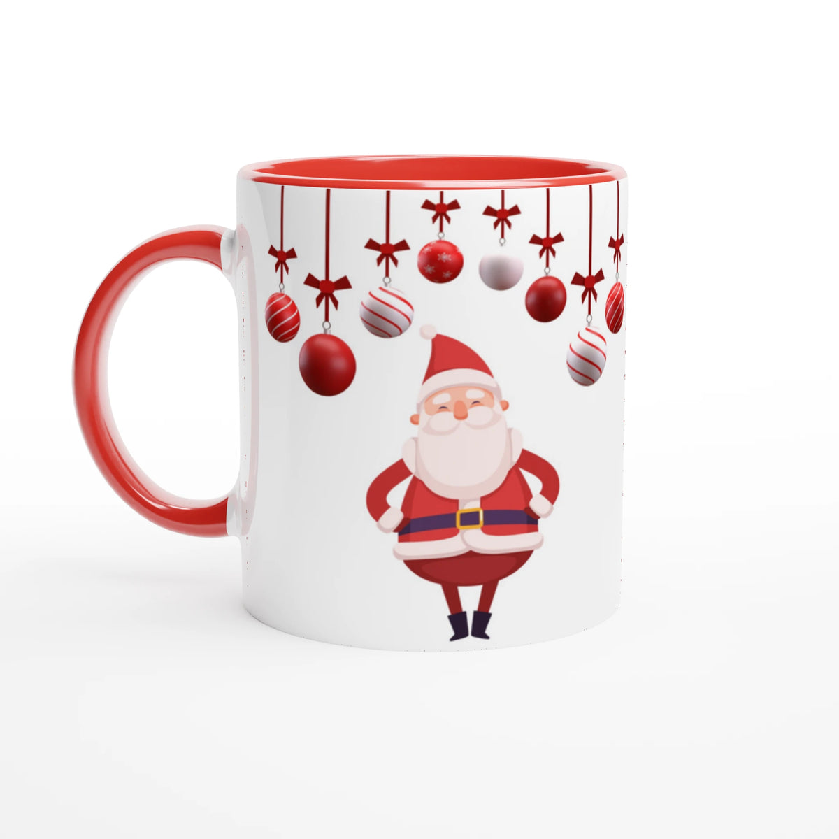 Julmugg med röd insida och rött handtag, motiv med jultomte och rosetter på julkulor