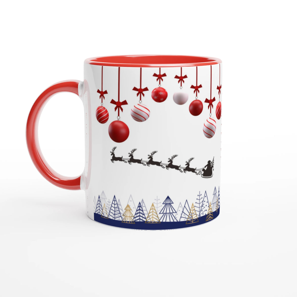 Julmugg med röd insida och rött handtag, motiv med tomte, renar och hängande julkulor
