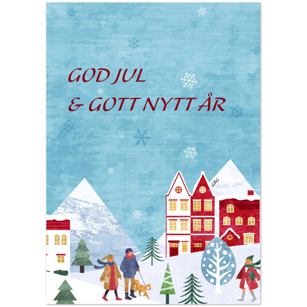 Julkort från Göteborg med texten God Jul & Gott Nytt År, färgglada hus och snöiga berg
