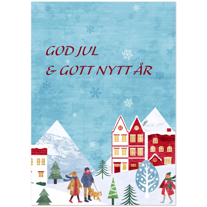 Julkort från Göteborg med texten God Jul & Gott Nytt År, färgglada hus och snöiga berg