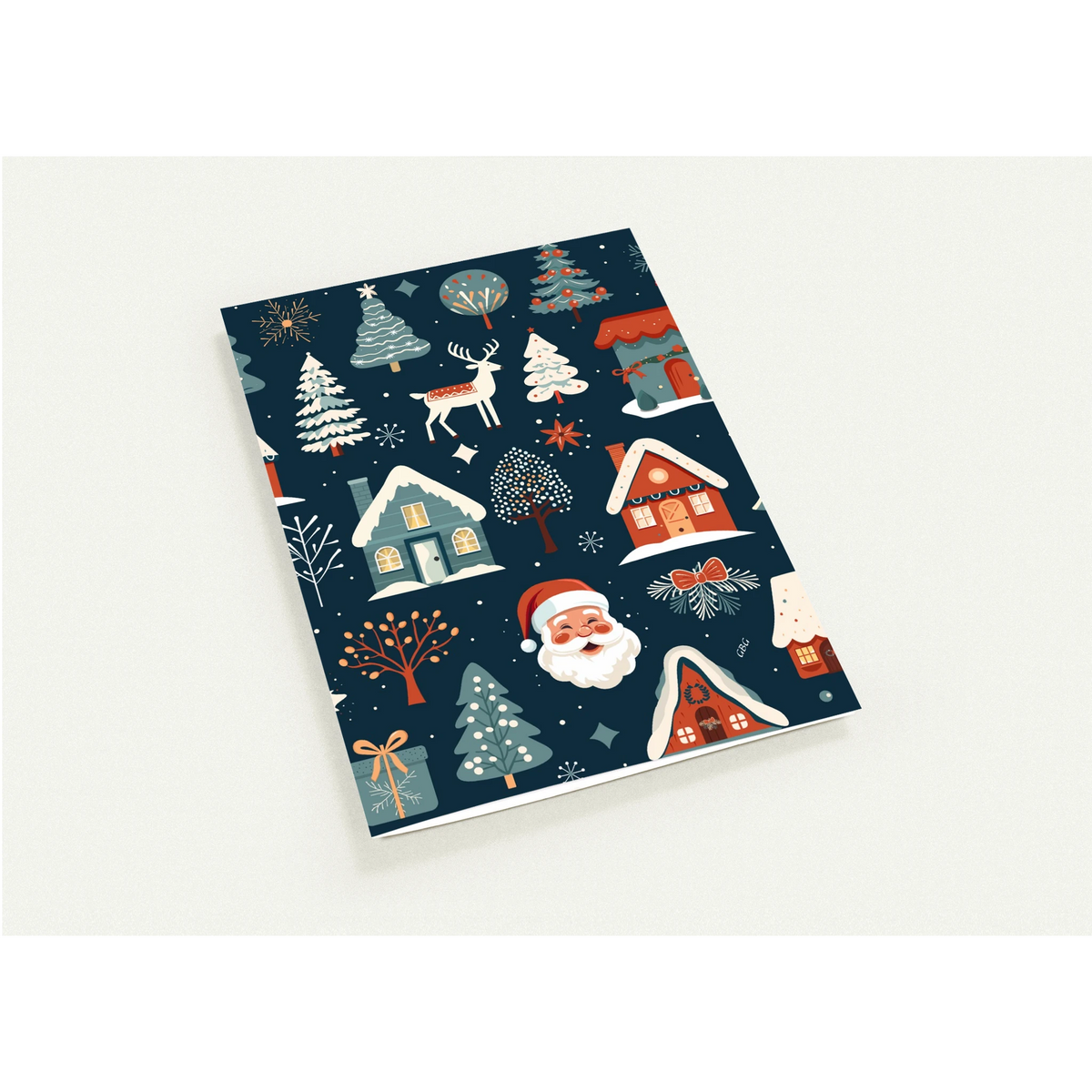 Paket med 10 julkort med kuvert, mörkblått julmönster med tomte och ren