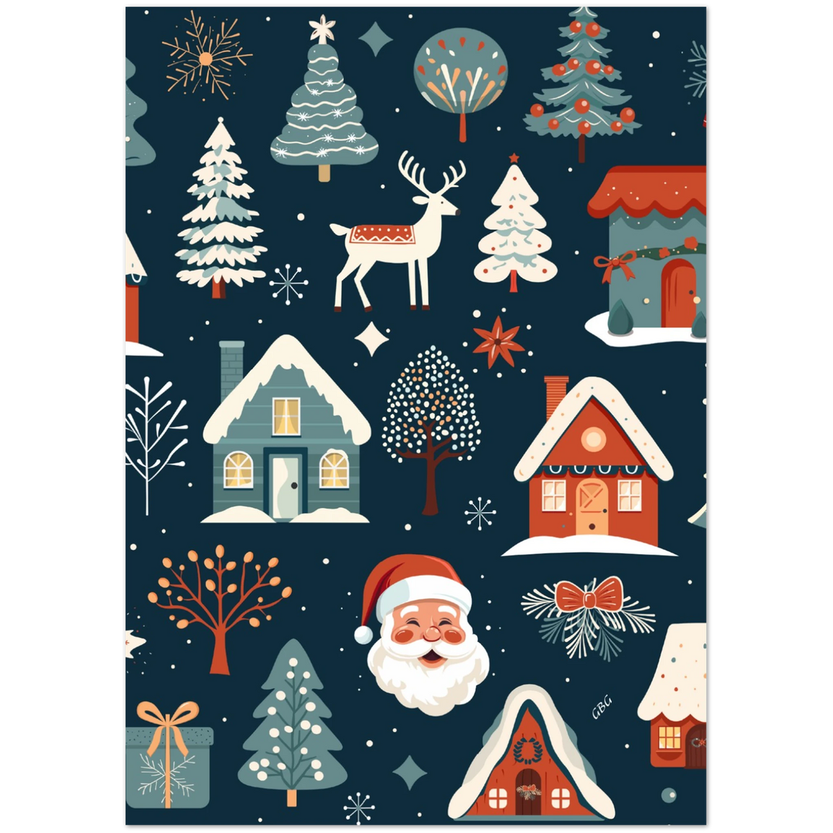 Julkort med jultomte, ren, julgranar och snötäckta hus i julmönster på mörkblå bakgrund