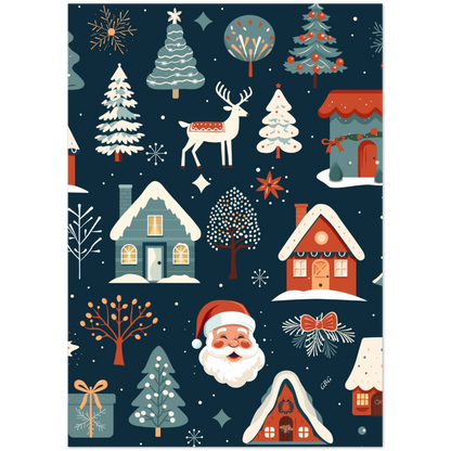 Julkort med jultomte, ren, julgranar och snötäckta hus i julmönster på mörkblå bakgrund