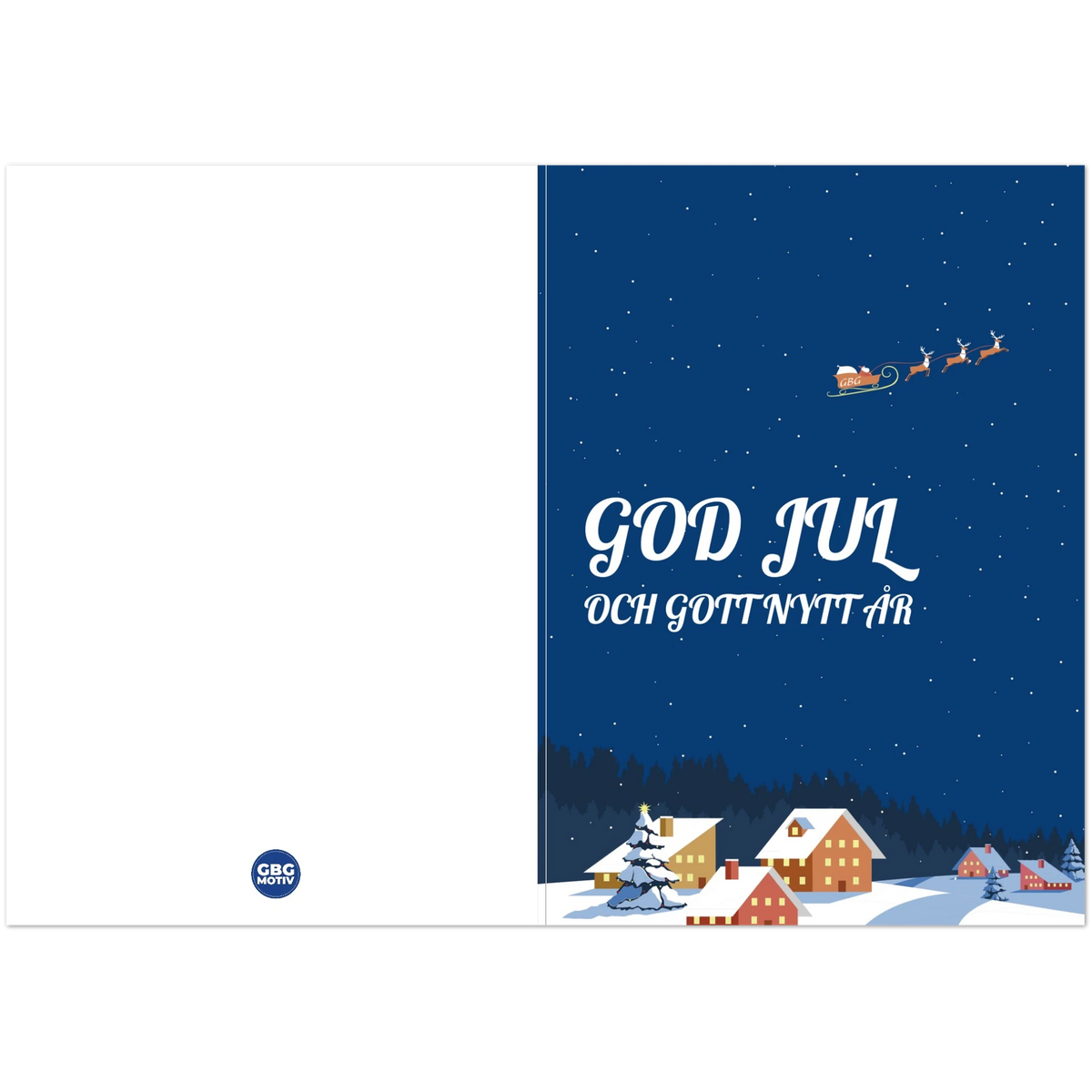 Vykort A6 med snötäckt by och upplysta hus en julnatt, God Jul-hälsning i vitt