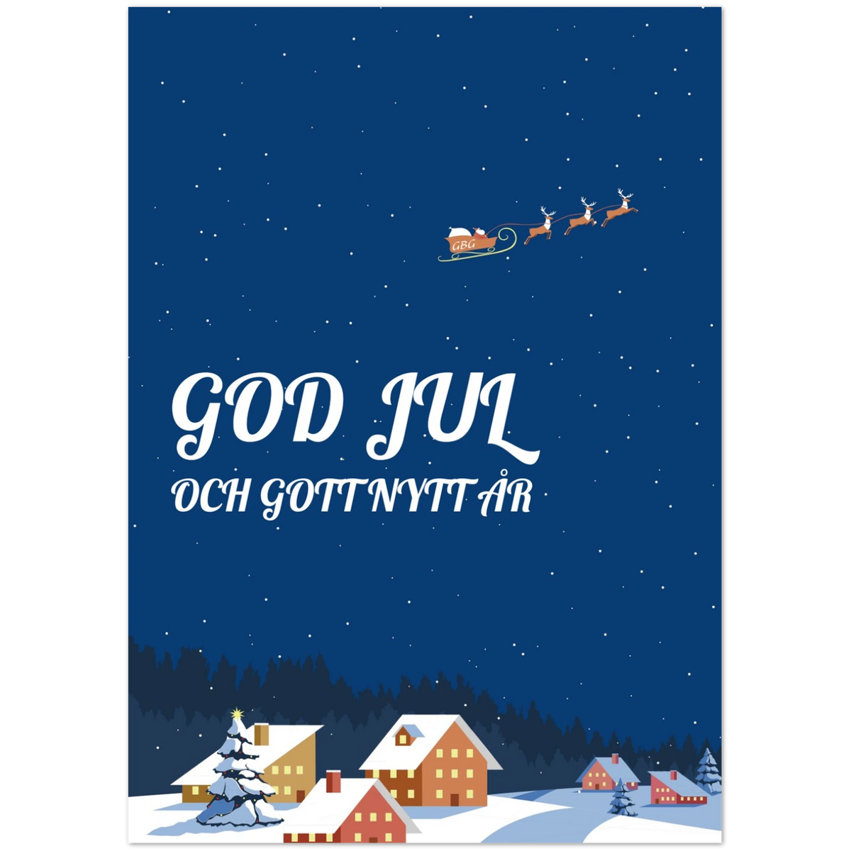 Julkort med tomtens släde och renar på mörkblå stjärnhimmel, texten God Jul och Gott Nytt År