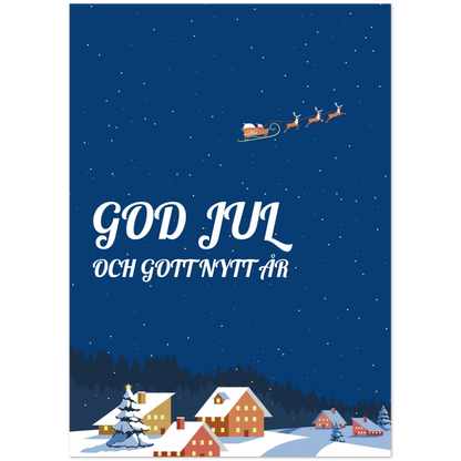 Julkort med tomtens släde och renar på mörkblå stjärnhimmel, texten God Jul och Gott Nytt År