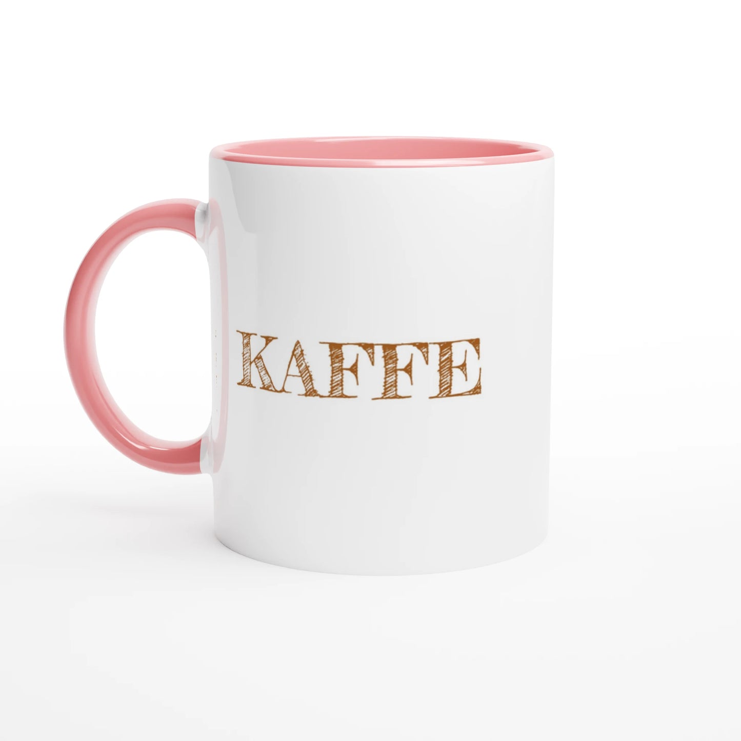 Vit fika-mugg med rosa insida och handtag. Texten KAFFE tryckt i brun vintage-stil på utsidan.