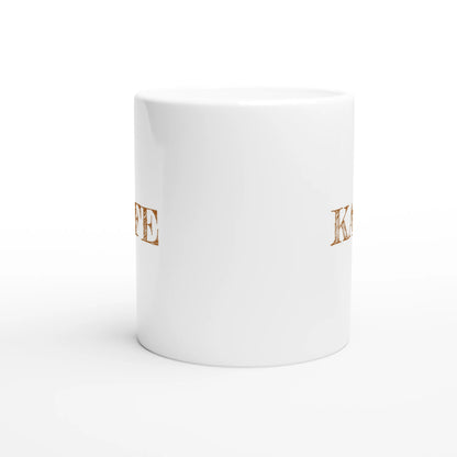Detaljbild på framsidan av den vita kaffemuggen med texten KAFFE tryckt i en klassisk vintage-font.