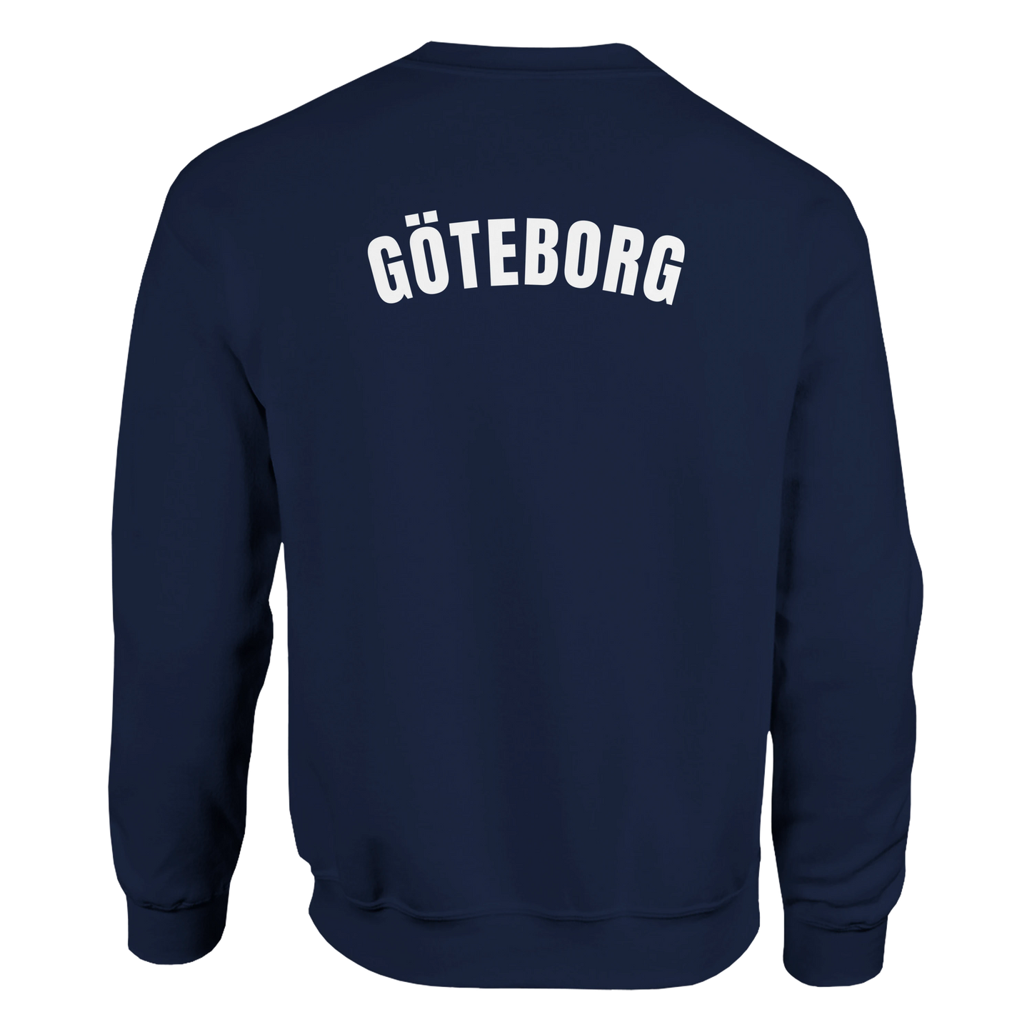 Marin sweatshirt med Göteborg skrivet över ryggen.