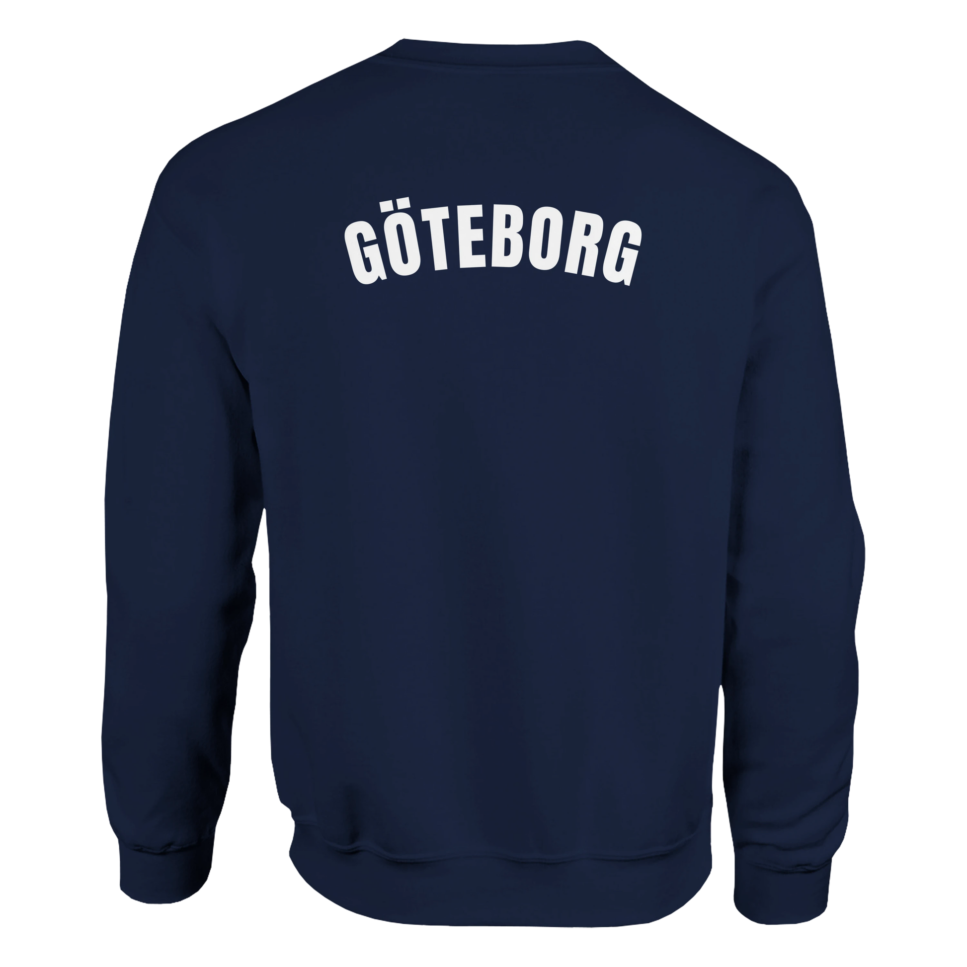 Marin sweatshirt med Göteborg skrivet över ryggen.