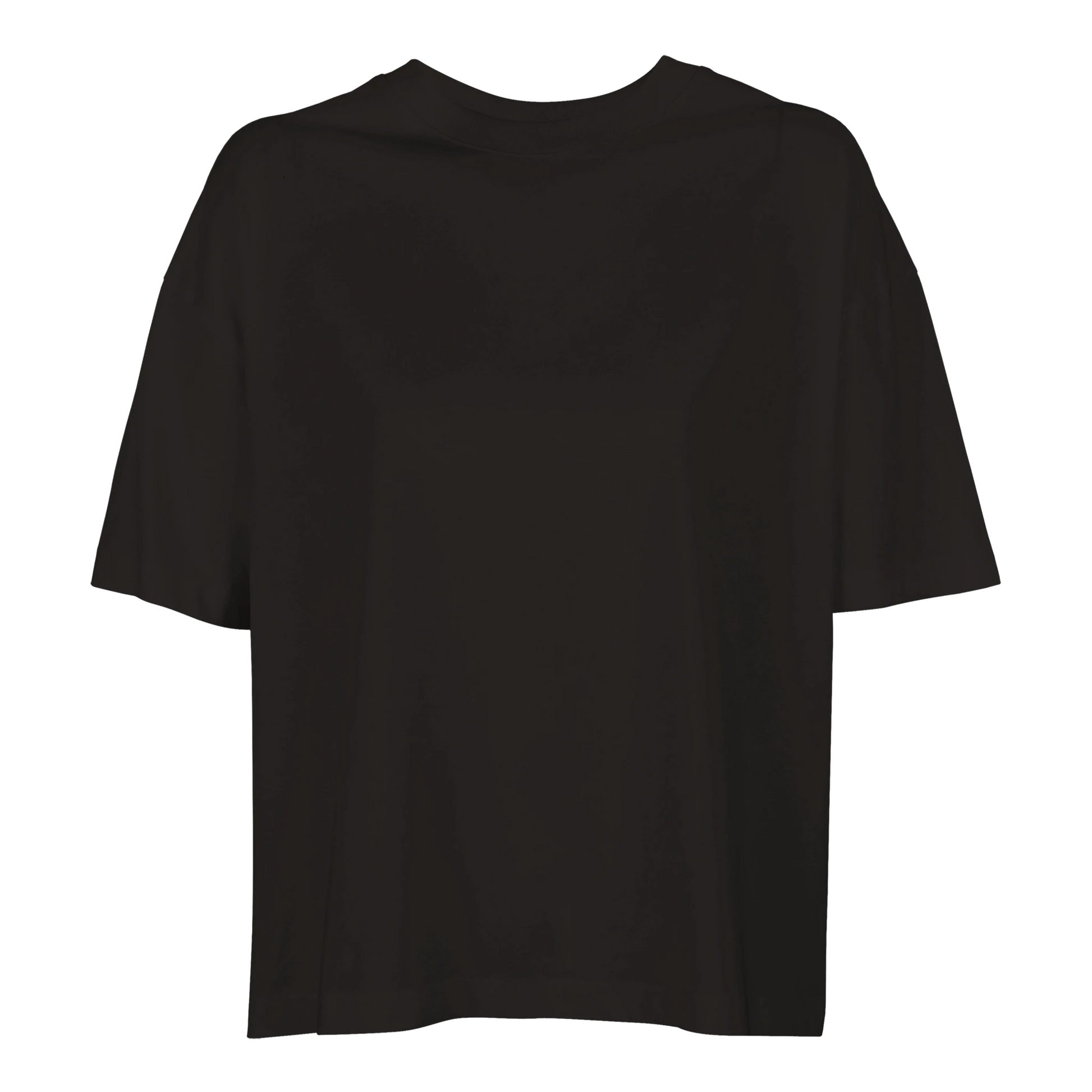 Framsidan av den svarta boxy dam-t-shirten. Minimalistisk design i 100% ekologisk bomull.
