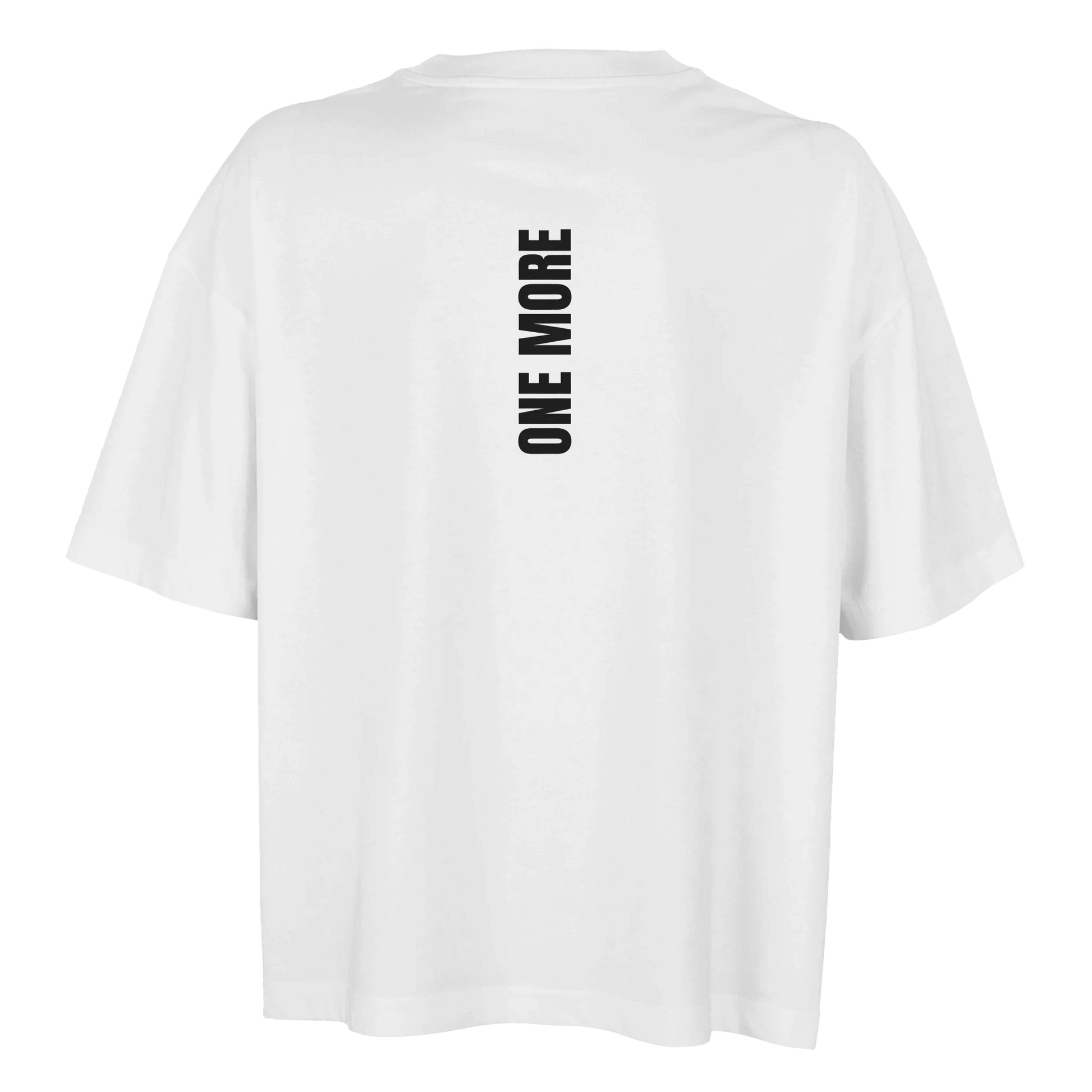 Vit boxy dam-t-shirt i ekologisk bomull med vertikalt ryggmotiv. Modern passform för träning och vardag.